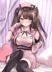 Rule 34 | 1girl, :t, armband, black bow, black thighhighs, blush, bow, breasts, brown hair, cleavage, closed mouth, commentary request, dress, feet out of frame, gloves, hair bow, hair ornament, hand up, hat, heart, heart hair ornament, highres, holding, holding syringe, jirai-chan (masayo), knee up, long hair, looking at viewer, masayo (gin no ame), medium breasts, nurse, nurse cap, original, pillow, pink bow, pink dress, pink gloves, pink hat, pout, purple eyes, short sleeves, sitting, solo, syringe, thighhighs, two side up, very long hair