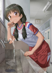 Rule 34 | 1girl, blush, brown eyes, ceiling light, clock, closed mouth, collarbone, commentary request, drinking, faucet, food-themed hair ornament, from side, gym shirt, gym shorts, gym uniform, hair ornament, hallway, highres, indoors, leaning forward, lime hair ornament, long hair, looking at viewer, looking to the side, low twintails, original, pairan, red shorts, shirt, short sleeves, shorts, solo, twintails, water, wavy mouth, white shirt