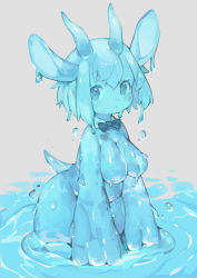 Rule 34 | 1girl, animal ears, blue bow, blue bowtie, bow, bowtie, breasts, commentary request, detached collar, furry, furry female, grey background, highres, horns, kishibe, looking at viewer, medium breasts, monster girl, nude, original, short hair, simple background, slime girl, solo, tail