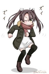 Rule 34 | 1girl, :3, black thighhighs, boots, brown footwear, brown scarf, coat, cross-laced footwear, dated, dress, full body, fur-trimmed coat, fur trim, green coat, green eyes, grey hair, kantai collection, lace-up boots, long hair, masara (chuujou), one-hour drawing challenge, one eye closed, ribbed sweater, scarf, simple background, solo, sweater, sweater dress, thighhighs, twintails, twitter username, white background, white dress, white sweater, zui zui dance, zuikaku (kancolle)