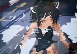 Rule 34 | 1girl, alternate costume, black hair, black one-piece swimsuit, commentary request, cowboy shot, from above, half-closed eyes, headgear, highres, kabuyama kaigi, looking at viewer, mouth under water, one-piece swimsuit, partially submerged, pool, red eyes, refraction, solo, swimming, swimsuit, touhoku kiritan, voiceroid, water, wet, wet hair