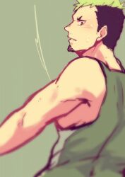 Rule 34 | 1boy, alternate muscle size, bara, bare arms, black hair, blush, facial hair, from behind, furrowed brow, gekiyasu 0621, goatee, green hair, highres, ikusaba daisuke, looking at viewer, looking back, male focus, multicolored hair, short hair, sideburns, singlet, solo, sweatdrop, taurus mask, tokyo houkago summoners, toned, toned male, two-tone hair, upper body, wrestling outfit