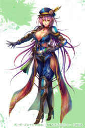Rule 34 | 1girl, :o, armor, belt pouch, boots, border break, breasts, cleavage, company name, copyright name, full body, gloves, green eyes, grey gloves, hair between eyes, hand on own hip, hat, high heel boots, high heels, jewelry, kara (color), large breasts, long sleeves, necklace, official art, pants, pauldrons, pouch, purple hair, see-through, sega, shoulder armor, solo, splatter, standing, white background