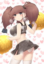 Rule 34 | 1girl, alternate costume, ass, atlanta (kancolle), breasts, brown hair, cheerleader, clothes writing, earrings, grey eyes, heart, heart background, highres, jewelry, kantai collection, large breasts, long hair, looking at viewer, panties, pleated skirt, pom pom (cheerleading), shirt, simoyuki, simple background, skirt, solo, star (symbol), star earrings, steam, sweat, thighhighs, two side up, underwear, white background, white panties, white thighhighs
