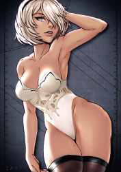 Rule 34 | 1girl, bare shoulders, black hairband, black thighhighs, blue eyes, breasts, cleavage, commentary, english commentary, hair over one eye, hairband, hand in own hair, highleg, highleg leotard, iahfy, leotard, lips, medium breasts, mole, mole under mouth, nier (series), nier:automata, nose, short hair, silver hair, solo, strapless, strapless leotard, thick thighs, thighhighs, thighs, white leotard, wide hips, 2b (nier:automata)