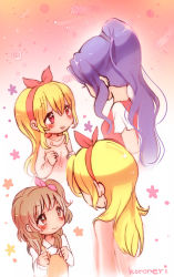 Rule 34 | + +, 4girls, :d, age progression, aged down, aikatsu!, aikatsu! (series), artist name, blonde hair, blush, bow, brown eyes, brown hair, clenched hands, collared shirt, commentary request, cropped torso, dual persona, eye contact, from side, hair between eyes, hair bow, hair ornament, hairband, highres, hoshimiya ichigo, kanzaki mizuki, koroneri, long hair, long sleeves, looking at another, multiple girls, one side up, ozora akari, open mouth, pink bow, ponytail, purple hair, red eyes, shirt, short sleeves, side ponytail, smile, star (symbol), suspenders, sweater, very long hair, white shirt, wing collar