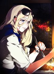 Rule 34 | 1girl, blonde hair, blue eyes, blue scarf, dinner, eyewear on head, food, frosted glass, hair between eyes, infinitive, kantai collection, long hair, looking at viewer, mole, mole under eye, mole under mouth, nail polish, open mouth, red nails, restaurant, richelieu (kancolle), scarf, shirt, short sleeves, silverware, sitting, smile, solo, steak, sunglasses, watch, white shirt, window