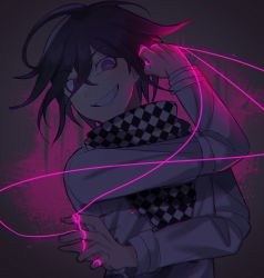 Rule 34 | 1boy, black hair, blood, checkered clothes, checkered scarf, colored blood, danganronpa (series), danganronpa v3: killing harmony, grey jacket, grin, hair between eyes, hand up, highres, jacket, long sleeves, looking at viewer, male focus, messy hair, oma kokichi, pink blood, pink hair, purple eyes, scarf, smile, solo, squiddy t, string, teeth, upper body