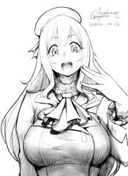 Rule 34 | 1girl, :d, absurdres, ascot, atago (kancolle), beret, breasts, commentary request, dated, gorgeous mushroom, greyscale, hand up, hat, highres, jacket, kantai collection, large breasts, long hair, long sleeves, looking at viewer, military, military jacket, military uniform, monochrome, open mouth, signature, smile, solo, uniform
