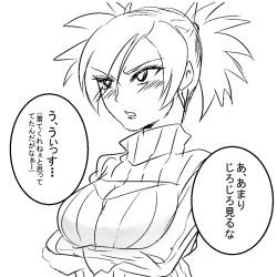 Rule 34 | 1girl, blush, breasts, cleavage, cleavage cutout, clothing cutout, greyscale, long hair, medium breasts, meme attire, monochrome, naruto, naruto (series), open-chest sweater, ribbed sweater, rikuto0314, sweater, temari (naruto), translation request, turtleneck
