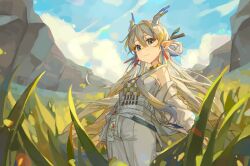 Rule 34 | 1girl, absurdres, arknights, blue eyes, blue hair, blue sky, breasts, brown hair, chun sam, closed mouth, cloud, commentary, day, dragon horns, grass, grey hair, hair between eyes, hair bun, highres, horns, jacket, long hair, long sleeves, multicolored hair, off shoulder, open clothes, open jacket, outdoors, pants, pointy ears, puffy long sleeves, puffy sleeves, shirt, shu (arknights), sky, small breasts, smile, solo, strapless, strapless shirt, streaked hair, very long hair, white jacket, white pants, white shirt