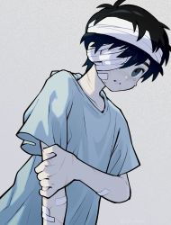 Rule 34 | 1boy, bandage over one eye, bandaged arm, bandages, black eyes, black hair, collar, highres, hospital gown, looking away, moti (m0cch1m0), omori, parted lips, short hair, solo, spoilers, sunny (omori), upper body
