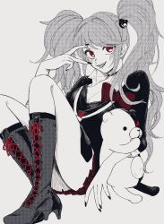Rule 34 | 1girl, black footwear, black nails, boots, bow, breasts, cleavage, collarbone, cross-laced footwear, danganronpa: trigger happy havoc, danganronpa (series), enoshima junko, from side, hair ornament, high heel boots, high heels, highres, knee boots, kuro negi (s tyam), large breasts, long hair, miniskirt, monokuma, nail polish, necktie, open mouth, plaid, plaid skirt, red bow, red eyes, red skirt, simple background, skirt, smile, solo, spot color, teeth, tongue, tongue out, twintails, upper teeth only, v over eye