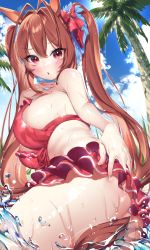Rule 34 | 1girl, :o, animal ears, antenna hair, ass, bare arms, bare shoulders, bikini, bikini skirt, blush, bow, breasts, brown hair, daiwa scarlet (trifle vacation) (umamusume), daiwa scarlet (umamusume), day, frilled bikini, frills, hair bow, hair intakes, hand on own chest, highres, horse ears, kirisaki shuusei, large breasts, long hair, looking at viewer, official alternate costume, outdoors, palm tree, parted lips, red bikini, red bow, red eyes, signature, solo, splashing, swimsuit, tree, twintails, umamusume, v-shaped eyebrows, very long hair, water