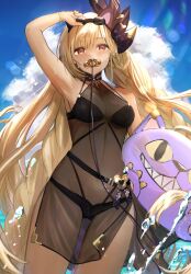Rule 34 | 1girl, absurdres, arm up, bare shoulders, bikini, black bikini, blonde hair, blush, bracelet, braid, breasts, brown eyes, cleavage, cowboy shot, dark-skinned female, dark skin, day, goggles, goggles on head, granblue fantasy, hair ornament, helel ben shalem, helel ben shalem (summer) (granblue fantasy), highres, holding, holding stuffed toy, jewelry, lens flare, long hair, looking at viewer, nakonbu, outdoors, pacifier, small breasts, solo, stuffed toy, swimsuit, very long hair, water, wet
