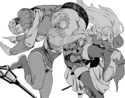 Rule 34 | 1boy, 2girls, armor, ass, bob cut, body fur, boots, braid, brother and sister, capelet, carrying over shoulder, closed eyes, commentary, dungeon meshi, edo mond (edoedoedomond), elf, english commentary, falin touden, falin touden (tallman), fleeing, floating hair, hair around ear, hand up, holding, holding staff, index finger raised, knee guards, laios touden, long hair, long sleeves, looking back, marcille donato, mixed-language commentary, monochrome, multiple braids, multiple girls, open mouth, pants, pauldrons, plate armor, pointing, pointy ears, robe, shoe soles, short hair, shoulder armor, siblings, side braid, simple background, staff, standing, standing on one leg, sweat, sweatdrop, vambraces