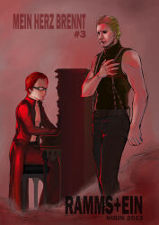 Rule 34 | 2boys, absurdres, artist request, blonde hair, flake lorenz, glasses, hand over heart, highres, instrument, multiple boys, music, nisin, piano, playing instrument, rammstein (band), real life, serious, sleeveless, sleeveless turtleneck, smoke, suspenders, tailcoat, till lindemann, turtleneck, upright piano