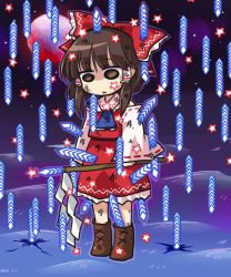 Rule 34 | ascot, bow, brown eyes, brown footwear, brown hair, commentary request, crack, cross-laced footwear, danmaku, detached sleeves, empty eyes, frilled shirt collar, frills, gameplay mechanics, gohei, hair bow, hair tubes, hakurei reimu, legacy of lunatic kingdom, moon, planet, pote (ptkan), red bow, red skirt, red vest, shoes, short hair, skirt, skirt set, sky, solo, star (sky), star (symbol), starry sky, touhou, vest