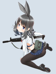 Rule 34 | 1girl, :&lt;, animal ears, arm support, ass, black footwear, black hair, black hairband, black pantyhose, blue eyes, blue skirt, closed mouth, crop top, fake animal ears, from side, gun, hairband, highres, holding, holding gun, holding weapon, kneeling, leaning forward, long hair, long sleeves, looking at viewer, looking to the side, microskirt, original, panties, panties under pantyhose, pantyhose, pouch, rabbit ears, retsumaru, shirt, shoes, skirt, solo, tail, tareme, underwear, weapon, weapon request, white shirt