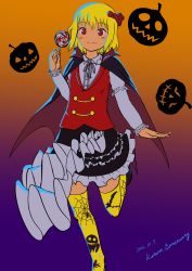 Rule 34 | 1girl, artist name, black cape, black footwear, black skirt, blonde hair, blush, buttons, candy, cape, closed mouth, collared shirt, dated, female focus, flat color, food, frilled skirt, frilled sleeves, frills, gradient background, hair ribbon, halloween, hand up, happy, highres, holding, holding food, jack-o&#039;-lantern, juliet sleeves, katsura dendou, leg up, light blush, lollipop, long sleeves, miniskirt, orange background, puffy sleeves, purple background, red eyes, red ribbon, red vest, ribbon, rumia, shirt, shoes, short hair, sidelocks, signature, skirt, smile, solo, standing, standing on one leg, thighhighs, touhou, two-sided fabric, two-tone background, vest, white shirt, yellow thighhighs