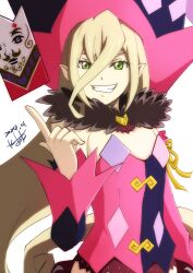 Rule 34 | 1girl, akane kazami, blonde hair, commentary request, eyelashes, feather boa, green eyes, grin, hair between eyes, hat, highres, index finger raised, long hair, magilou (tales), multicolored clothes, multicolored hat, pink sleeves, signature, simple background, smile, solo, tales of (series), tales of berseria, teeth, white background, witch hat