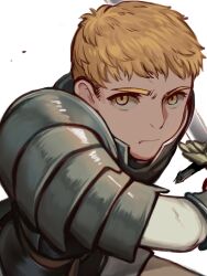 Rule 34 | 1boy, armor, blonde hair, dungeon meshi, frown, furrowed brow, ginji74, highres, holding, holding sword, holding weapon, incoming attack, kensuke (dungeon meshi), laios touden, looking at viewer, male focus, short hair, solo, sword, upper body, weapon, white background, yellow eyes