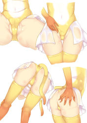 Rule 34 | 10s, 1girl, adjusting clothes, adjusting leotard, ass, bent over, covered navel, gloves, golden snub-nosed monkey (kemono friends), gradient legwear, groin, hand on own ass, hand on own chest, hands on own knees, highleg, highleg leotard, highres, kemono friends, leotard, monkey tail, multicolored clothes, multicolored legwear, multiple views, orange gloves, partially visible vulva, pikunoma, simple background, skindentation, spread legs, tail, thigh gap, thighhighs, thighs, white background, yellow thighhighs