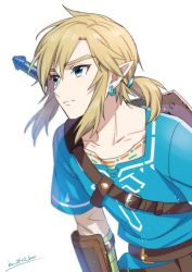 Rule 34 | 1boy, ar (rikuesuto), blonde hair, blue eyes, closed mouth, dated, earrings, gloves, jewelry, link, male focus, nintendo, over shoulder, pointy ears, ponytail, shield, shield on back, simple background, solo, sword, the legend of zelda, the legend of zelda: breath of the wild, tunic, upper body, weapon, weapon over shoulder, white background