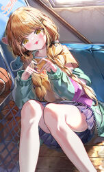 1girl 4-finger_heart_hands :p absurdres ball bare_legs basketball_(object) black_ribbon blonde_hair blue_skirt blush braid chewi commentary feet_out_of_frame fujita_kotone gakuen_idolmaster gym_storeroom hair_ribbon heart heart_hands highres idolmaster indoors jacket long_hair looking_at_viewer multicolored_jacket open_clothes open_jacket ribbon shirt sitting skirt smile solo tongue tongue_out twin_braids yellow_eyes yellow_shirt