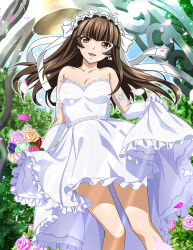 Rule 34 | 1girl, :d, blunt bangs, blush, bouquet, bow, breasts, brown eyes, brown hair, cleavage, collarbone, dress, earrings, elbow gloves, floating hair, flower, gloves, green flower, hair bow, hair ribbon, holding, holding bouquet, ikkitousen, jewelry, long hair, looking at viewer, magatama, magatama earrings, open mouth, petals, pink flower, purple flower, red flower, ribbon, skirt hold, small breasts, smile, solo, standing, strapless, strapless dress, sunlight, ten&#039;i (ikkitousen), wedding dress, white bow, white dress, white gloves, white ribbon, yellow flower