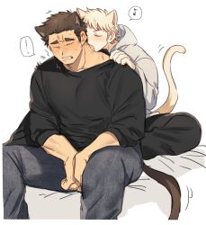 Rule 34 | 2boys, ace of diamond, animal ears, bara, black hair, blonde hair, cat boy, cat ears, cat tail, clothes grab, couple, feet out of frame, harada masatoshi, highres, kemonomimi mode, licking, licking another&#039;s neck, male focus, multiple boys, musical note, narumiya mei, nikame, saliva, short hair, simple background, sitting, size difference, sleeves rolled up, speech bubble, spoken musical note, sweatdrop, sweater, tail, white background, yaoi