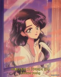 Rule 34 | 1980s (style), 1girl, animification, artist name, black hair, brown eyes, commentary, crying, english commentary, english text, eyebrows hidden by hair, hanavbara, highres, iu (singer), juliet sleeves, k-pop, korean text, long hair, long sleeves, looking at viewer, lyrics, oldschool, puffy sleeves, rain, real life, retro artstyle, smile, solo, subtitled, window