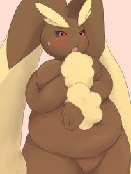 Rule 34 | 1girl, artist request, big belly, blush, grabbing another&#039;s breast, breast hold, breasts, creatures (company), fat, flustered, furry, furry female, game freak, gen 4 pokemon, grabbing, large breasts, lopunny, medium breasts, nintendo, open mouth, plump, pokemon, pokemon (creature), red eyes, solo