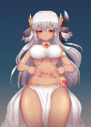 Rule 34 | absurdres, belly, belly dancer, belly grab, blush, breasts, clothes, dancing archer tinia, dark-skinned female, dark skin, gem, guardian tales, highres, long hair, medium breasts, midriff, navel, pout, red eyes, simple background, spread navel, stomach, thick thighs, thighs, white hair
