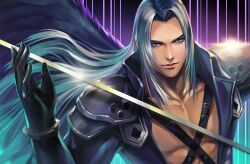 Rule 34 | 1boy, absurdres, anjingwang, armor, black gloves, chest strap, curtained hair, final fantasy, final fantasy vii, gloves, grey hair, highres, long bangs, long hair, long jacket, male focus, masamune (ff7), pauldrons, pectorals, sephiroth, shoulder armor, single wing, solo, upper body, v-neck, wings