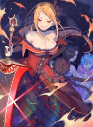 1boy 2girls beatrice_(re:zero) blue_hair crossdressing dress fire grin hand_on_own_hip highres holding holding_sword holding_weapon long_hair multiple_girls natsuki_subaru orange_hair parupin priscilla_barielle re:zero_kara_hajimeru_isekai_seikatsu red_dress red_eyes smile sword weapon