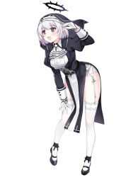 Rule 34 | 1girl, :d, absurdres, ankle ribbon, ascot, belt, black belt, black dress, black footwear, black halo, black headwear, black ribbon, breasts, closers, coif, collared shirt, compass rose halo, dress, full body, garter straps, gloves, habit, halo, hand on headwear, hand on own thigh, hand up, highres, impossible clothes, impossible dress, juliet sleeves, lace, lace-trimmed thighhighs, large breasts, leaning forward, leg ribbon, legs apart, levia (closers), long sleeves, looking ahead, mary janes, no pupils, nun, official art, open mouth, panties, pantyshot, pelvic curtain, pigeon-toed, pointy ears, puffy sleeves, purple eyes, ribbon, shirt, shoes, short hair, smile, solo, standing, tachi-e, teeth, thighhighs, thighs, underwear, upper teeth only, white ascot, white background, white gloves, white hair, white panties, white shirt, white thighhighs, wing collar, zettai ryouiki