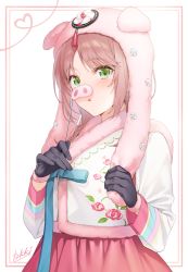Rule 34 | 1girl, animal ears, artist name, black gloves, border, braid, brown hair, commentary request, floral print, fur trim, gloves, green eyes, hat, hat with ears, heart, long hair, looking at viewer, original, parted lips, pig ears, pig nose, pink skirt, simple background, skirt, solo, tokki, white background