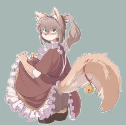 Rule 34 | 1girl, absurdres, animal ears, animal nose, annoyed, apron, ass, bell, black thighhighs, bloomers, blush, body fur, brown bloomers, brown fur, brown hair, closed mouth, clothes lift, clothing cutout, cowboy shot, cropped legs, dress, dress lift, embarrassed, female focus, fox ears, fox girl, fox tail, frilled apron, frilled dress, frills, from behind, furry, furry female, garter straps, green background, green eyes, hair between eyes, hair ribbon, hairband, hands up, highres, jingle bell, leonardo (user crrj8878), lifting own clothes, long hair, looking at viewer, looking back, maid, maid apron, nose blush, original, outline, ponytail, purple hairband, red dress, red ribbon, ribbon, short sleeves, sidelocks, simple background, solo, standing, tail, tail bell, tail ornament, tail raised, tail through clothes, thighhighs, two-tone fur, underwear, v-shaped eyebrows, white apron, white fur, white outline