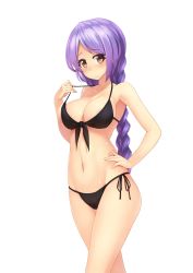 Rule 34 | 1girl, bikini, bikini pull, black bikini, blush, braid, breasts, brown eyes, cleavage, clothes pull, front-tie top, hand on own hip, highres, large breasts, long hair, looking at viewer, navel, original, pulling own clothes, purple hair, shiny skin, side-tie bikini bottom, simple background, solo, standing, stomach, strap lift, swimsuit, takibi (tamikyo), white background
