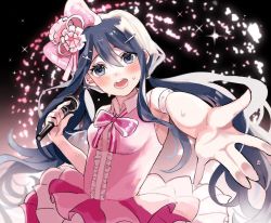 Rule 34 | 1girl, armlet, blue eyes, blush, bow, breasts, center frills, collared shirt, flower, frills, glowing, gorila chan, gradient background, hair between eyes, hair flower, hair ornament, hairclip, holding, holding microphone, idol, large bow, layered skirt, long hair, maizono sayaka, medium breasts, microphone, official alternate costume, open mouth, pink bow, pink skirt, shirt, skirt, solo, teeth, tongue