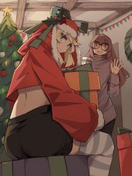 Rule 34 | 1boy, 1girl, absurdres, black shirt, black shorts, blonde hair, blue eyes, blush, box, bridget (guilty gear), brown hair, christmas, christmas tree, closed mouth, commentary, cropped shirt, english commentary, fur trim, gift, gift box, glasses, grey thighhighs, guilty gear, hand up, highres, hood, hood up, indoors, long hair, long sleeves, may (guilty gear), open mouth, orange eyes, purple sweater, round eyewear, santa costume, shirt, shorts, sitting, standing, striped clothes, striped thighhighs, sweater, teeth, thighhighs, togekk0, trap, upper teeth only, waving, white thighhighs