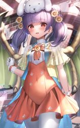 Rule 34 | 1girl, absurdres, animal ears, animal hat, blunt bangs, bow, brick wall, cafe, capelet, coattails, collarbone, covered navel, cowboy shot, dragon girl, dragon wings, dress, eyelashes, fake animal ears, fire emblem, fire emblem: the sacred stones, fire emblem heroes, flat chest, floral print, flower, from below, gloves, green wings, hair flower, hair ornament, hair tie, hand up, hat, high-waist skirt, highres, holding, indoors, lapels, light particles, light smile, long hair, looking at viewer, magical girl, miniskirt, moss, multi-tied hair, multicolored clothes, myrrh (fire emblem), nintendo, official alternate costume, orange dress, pale skin, pantyhose, parted lips, picnic basket, plant, polka dot, potted plant, purple hair, rabbit ears, rabbit hat, red eyes, ribbon, see-through, short dress, skirt, sleeveless, smile, solo, sunflower, sunlight, suraimu (suraimuraimu), twintails, two-sided fabric, vest, white gloves, white pantyhose, wings, wooden wall, yellow vest, yellow wings