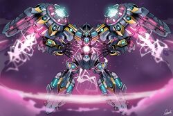 absurdres cosmo-5 divine_arsenal_aa-zeus_-_sky_thunder duel_monster energy energy_ball full_body highres mecha mecha_focus no_humans robot signature smoke yu-gi-oh!