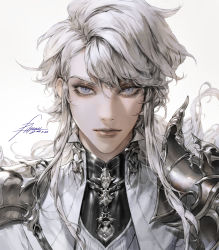 Rule 34 | 1boy, androgynous, armor, artist name, blue eyes, closed mouth, commentary, dated, english commentary, eyelashes, highres, jewelry, lips, long hair, looking at viewer, male focus, original, pauldrons, portrait, shoulder armor, signature, silver hair, simple background, solo, straight-on, swept bangs, vlfdus 0, white background