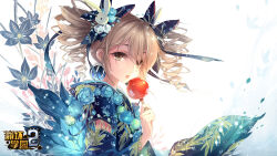 Rule 34 | 1girl, absurdres, benghuai xueyuan, blue flower, blue kimono, bow, bronya zaychik, brown hair, candy apple, copyright name, drill hair, earrings, flower, food, grey eyes, grey hair, hair bow, hair flower, hair ornament, highres, honkai (series), japanese clothes, jewelry, kimono, licking, logo, long hair, looking at viewer, official art, rabbit hair ornament, second-party source, solo, tongue, tongue out, twin drills, upper body, yukata