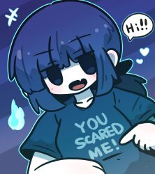 Rule 34 | +++, 1girl, :d, blue eyes, blue hair, blue shirt, blush, clothes writing, commentary request, english text, fang, gradient hair, highres, hitodama, long hair, looking at viewer, multicolored hair, open mouth, original, pointing, purple hair, shirt, short sleeves, smile, solo, uni souchou, upper body