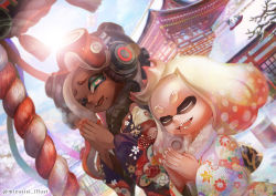 Rule 34 | 2girls, black hair, black kimono, blunt bangs, bob cut, cephalopod eyes, closed eyes, commentary, crown, dark-skinned female, dark skin, day, dutch angle, fangs, floral print, fur scarf, furisode, gradient hair, green eyes, half-closed eye, hatsumoude, inkling, japanese clothes, kimono, lens flare, long hair, long sleeves, looking at another, marina (splatoon), mizushishi, mole, mole under eye, multicolored hair, multiple girls, new year, nintendo, octoling, one eye closed, open mouth, outdoors, own hands together, pearl (splatoon), pink hair, pink pupils, praying, print kimono, red hair, rope, shimenawa, short hair, smile, splatoon (series), standing, suction cups, sunlight, temple, tentacle hair, tilted headwear, twitter username, white hair, white headwear, white kimono, wide sleeves