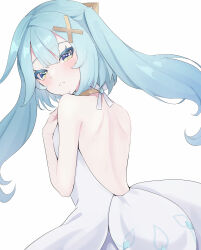 Rule 34 | 1girl, aqua hair, backless dress, backless outfit, bare arms, bare back, bare shoulders, blush, colored eyelashes, dress, faruzan (genshin impact), genshin impact, green eyes, hair ornament, highres, long hair, looking at viewer, simple background, solo, twintails, upper body, ura (hamburg oniku), white background, white dress, x hair ornament