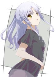 Rule 34 | 1girl, absurdres, alternate costume, angel beats!, black shirt, blush, breasts, casual, commentary, eyes visible through hair, floating hair, from side, grey background, highres, lelie (lelie link), long hair, looking at viewer, open mouth, parted bangs, shirt, short ponytail, short sleeves, sidelocks, simple background, small breasts, solo, tachibana kanade, upper body, white hair, yellow eyes